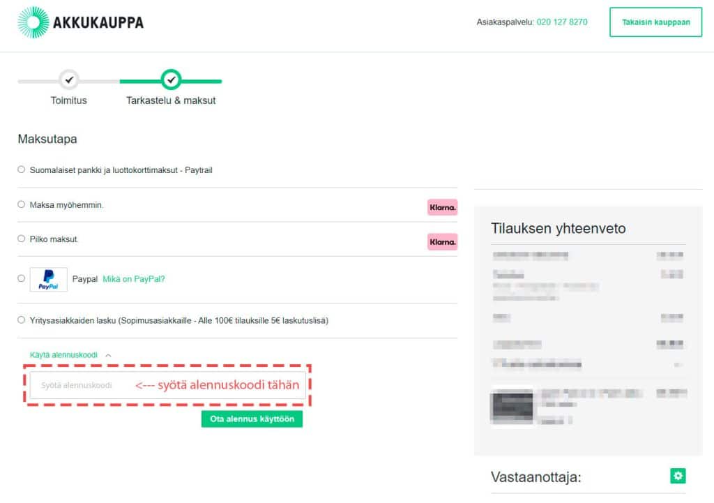 Alennuskoodi kentän sijainti Akkukauppa.com verkkokaupassa